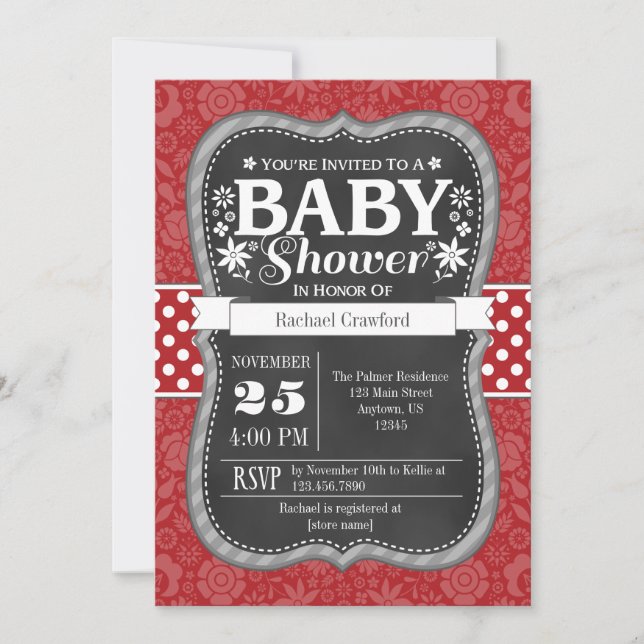 Red Chalkboard Floral Baby Shower Invite (Front)