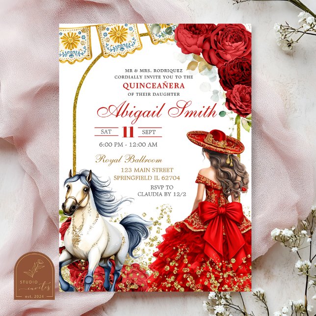 Red Charra Rose Quinceanera Invitation (Creator Uploaded)