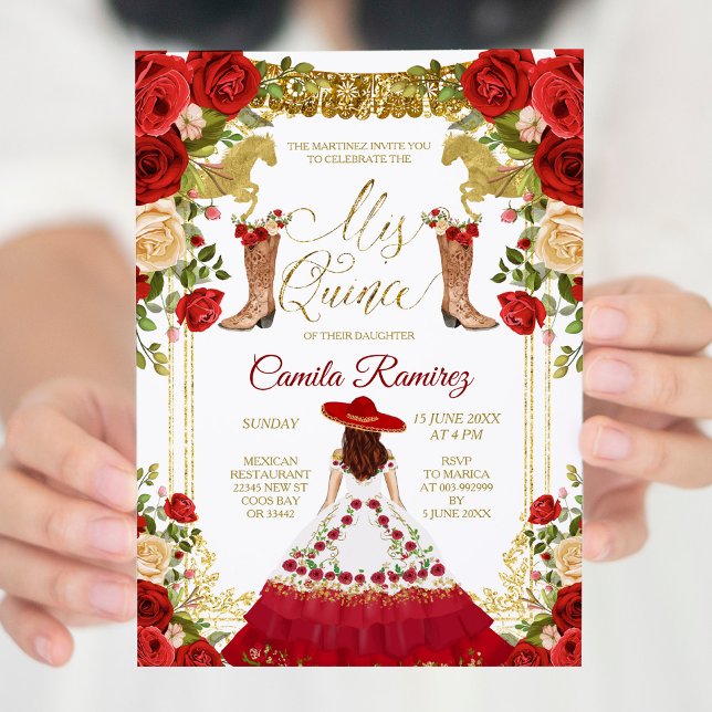 Red Charro Dress & Mexican Boots Girl Sweet 15th Invitation (Creator Uploaded)