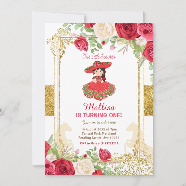 Red Charro Roses and Gold Mexican Birthday  Invitation (Front)