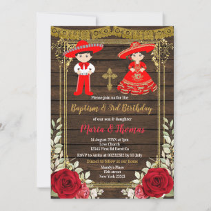 Red Charro Roses Baptism Fiesta Twin Invitation