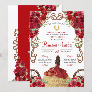 Red Charro Rustic Western Floral Quinceañera  Invitation