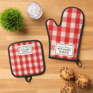 Red check custom baker oven mitt & pot holder set