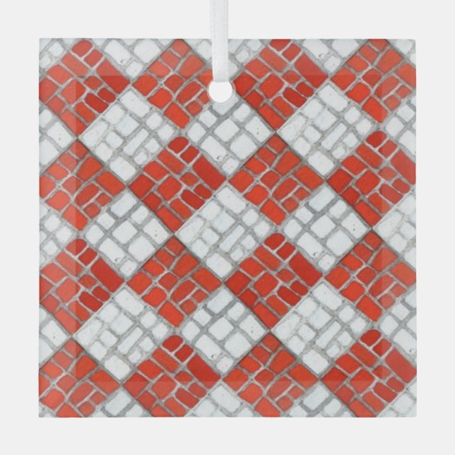 RED CHECK MOSAIC Glass Square Ornament (Front)