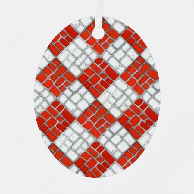 RED CHECK MOSAIC Metal Oval Ornament (Front)