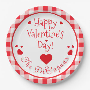 Red Check Red Hearts Whimsical Valentine's Day Paper Plate