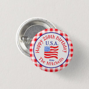 Red Check Watercolor Flag 250th Birthday USA 3 Cm Round Badge