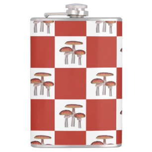 Red check with mushroom hip flask