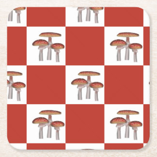 Red check with mushroom square paper coaster