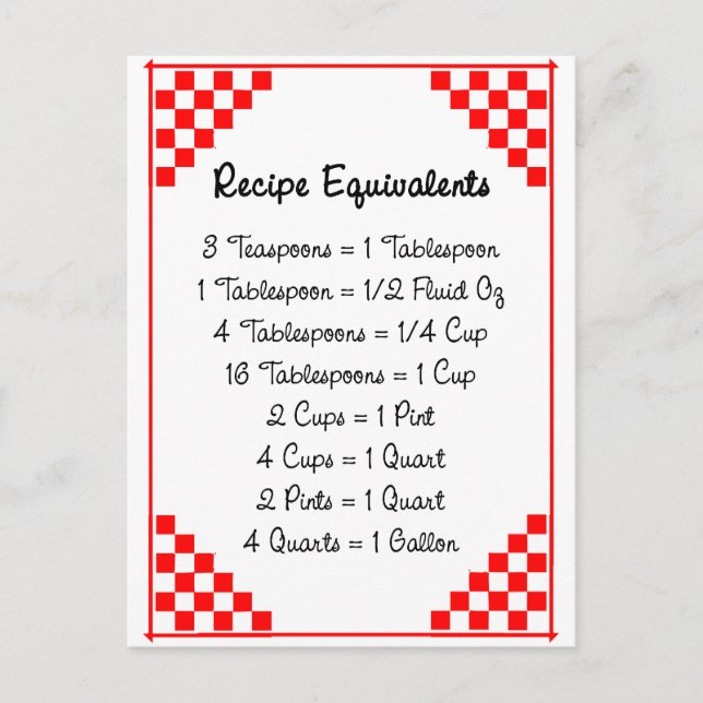 Red Checked Ruled Recipe Card Kitchen Equivalents (Front)