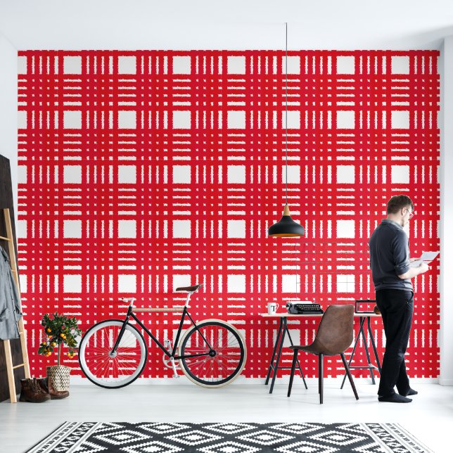 Red Checked Striped Pattern Wallpaper (Living Room)
