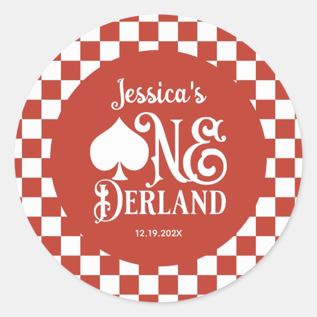 Red Checkered Alice in ONEderland 1st Birthday Classic Round Sticker (Front)