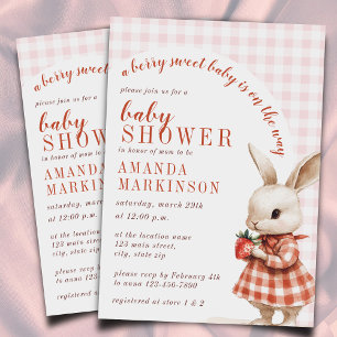 Red Checkered Garden Berry Sweet Bunny Baby Shower Invitation