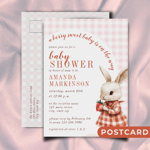 Red Checkered Garden Berry Sweet Bunny Baby Shower Postcard