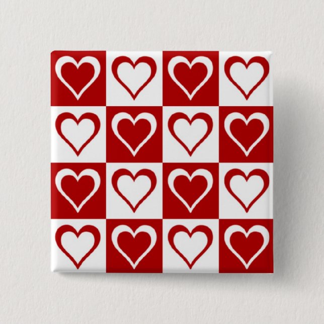 Red Checkered pattern with Hearts 15 Cm Square Badge (Front)