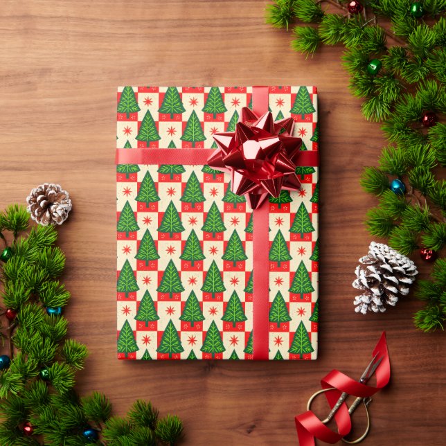 Red Checks with Trees Country Wrapping Paper (Holiday Gift)