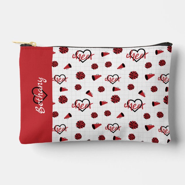 Red Cheer Hearts, Pom Poms, Megaphone Pattern Accessory Pouch (Front)