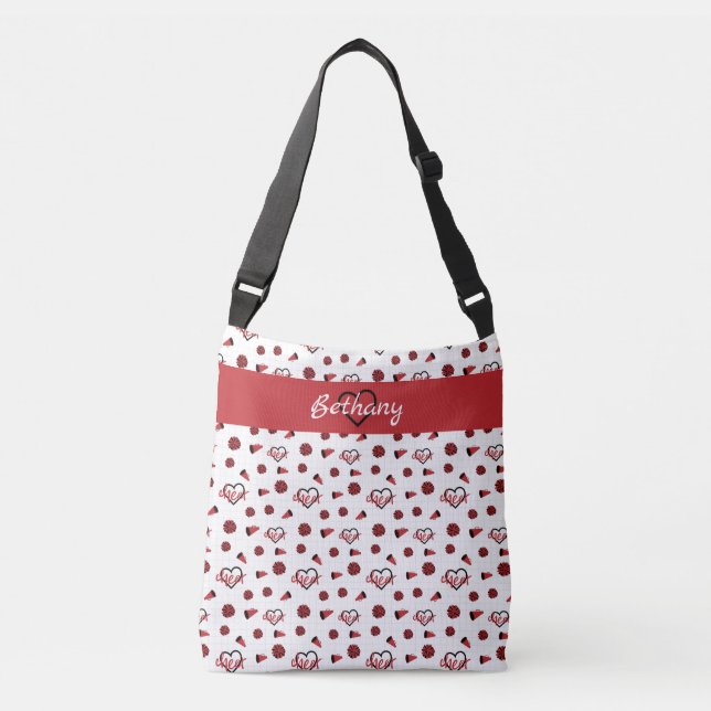 Red Cheer Hearts, Pom Poms, Megaphone Pattern Crossbody Bag (Front)