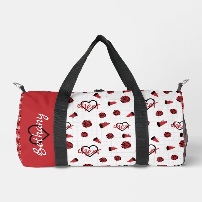 Red Cheer Hearts, Pom Poms, Megaphone Pattern Duffle Bag (Front)