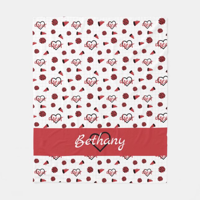 Red Cheer Hearts, Pom Poms, Megaphone Pattern Fleece Blanket (Front)