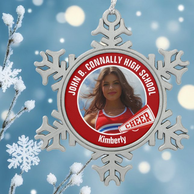 Red Cheerleader Photo High School Snowflake Pewter Christmas Ornament (Creator Uploaded)