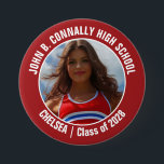 Red Cheerleader Photo High School Spirit 7.5 Cm Round Badge<br><div class="desc">This cool customised high school cheerleader photo gift features white typography of your team and player name on a red button. Personalise with your student's photograph and class year as a proud cheerleading parent. A mum and dad can wear these buttons to competition and games.</div>