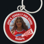 Red Cheerleader Photo High School Spirit Key Ring<br><div class="desc">This cool customised high school cheerleader photo gift features white typography of your team and player name on a red keychain with a cheer megaphone. Personalise with your student's photograph and class year as a proud cheerleading parent. A great gift for a mum or dad.</div>