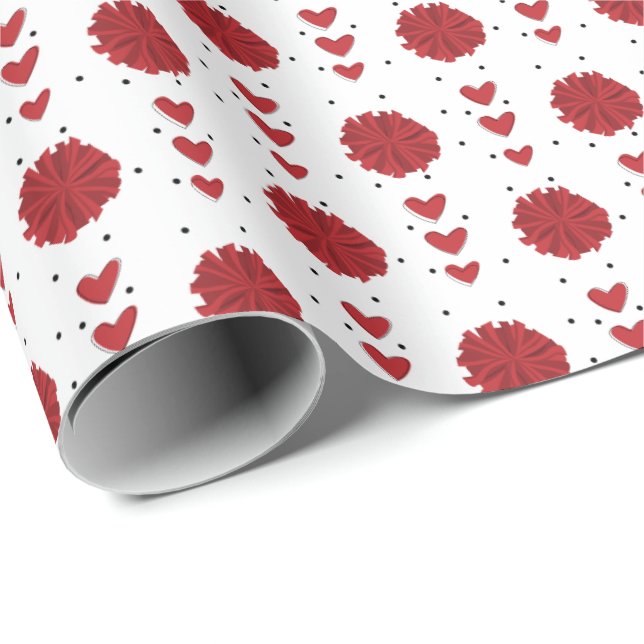 Red Cheerleader Pom Poms & Hearts Pattern Wrapping Paper (Roll Corner)