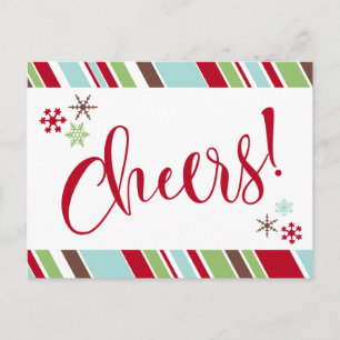 Red Cheers Holiday Snowflakes & Diagonal Stripes Postcard