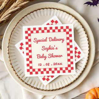 Red Chequerboard Special Delivery Baby Shower Napkin