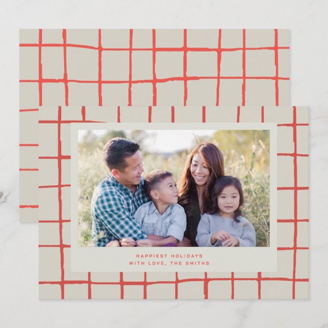 Red Chequered Cute Photo Holiday Card (Front/Back)