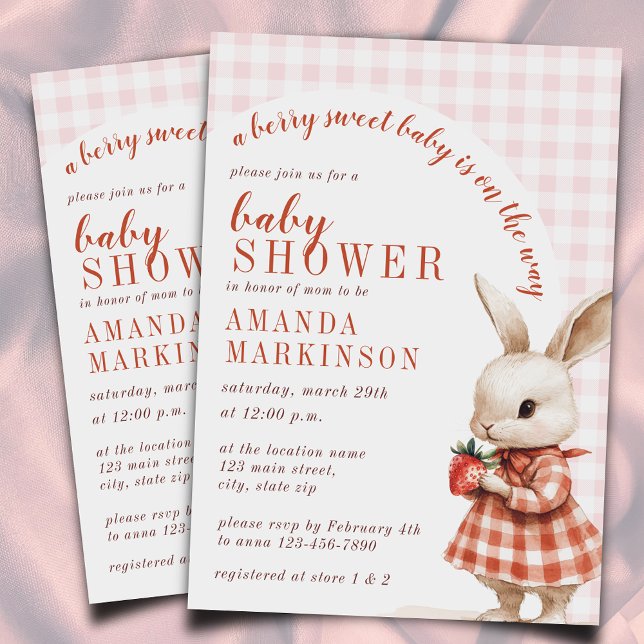 Red Chequered Garden Berry Sweet Bunny Baby Shower Invitation (Creator Uploaded)