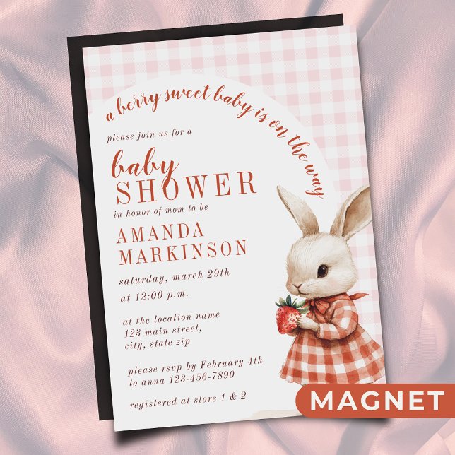 Red Chequered Garden Berry Sweet Bunny Baby Shower Magnetic Invitation (Creator Uploaded)