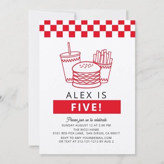 Red Chequered Hamburger Boy Birthday Invitation (Front)