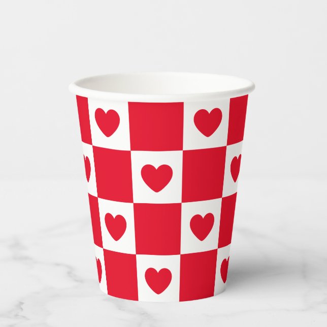 Red Chequered Heart Pattern Paper Cups (Front)