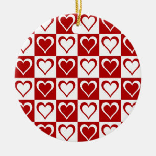 Red Chequered pattern with Hearts Ceramic Tree Decoration