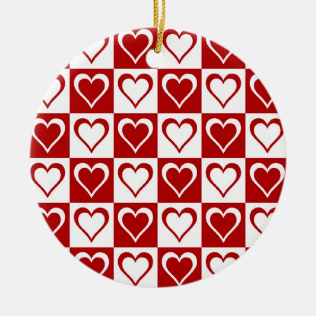 Red Chequered pattern with Hearts Ceramic Tree Decoration (Front)