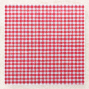 Red Chequered Tablecloth Close-Up. Glass Coaster