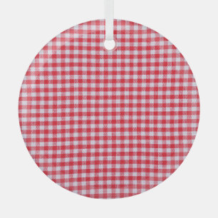 Red Chequered Tablecloth Close-Up. Glass Tree Decoration