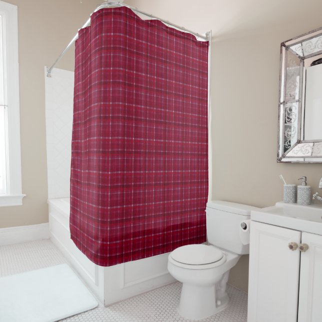 Red Chequered Tartan Shower Curtain (In Situ)