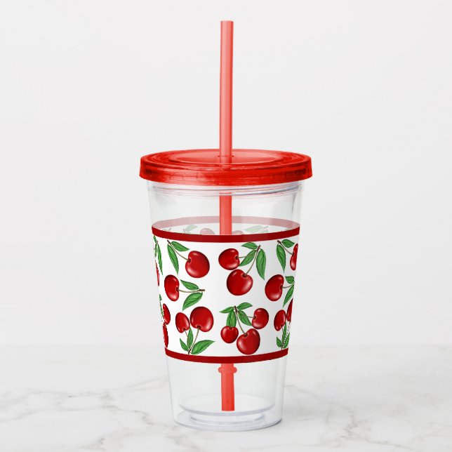 Red Cherries All Over Pattern Customizeable Acrylic Tumbler (Front)
