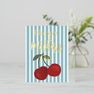 Red Cherries and Stripes Mother's Day Foil Holiday Postcard