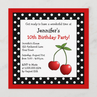 Red Cherries Birthday Black & White Polka Dots Invitation