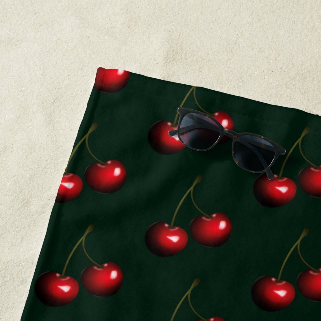 Red Cherries Black Beach Towels (In Situ)