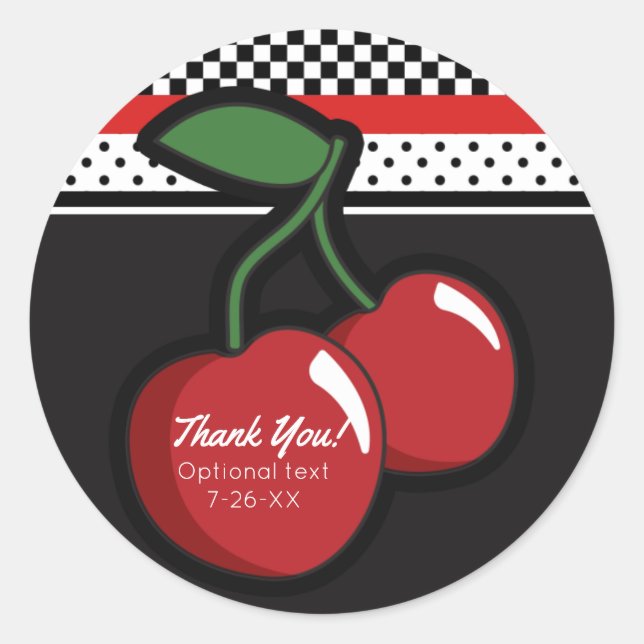 Red Cherries Black Custom Retro Party Favour Classic Round Sticker (Front)