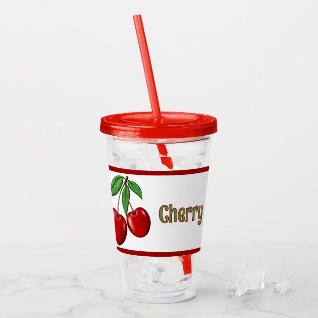 Red Cherries Design Personalised Acrylic Tumbler (Front Ice)