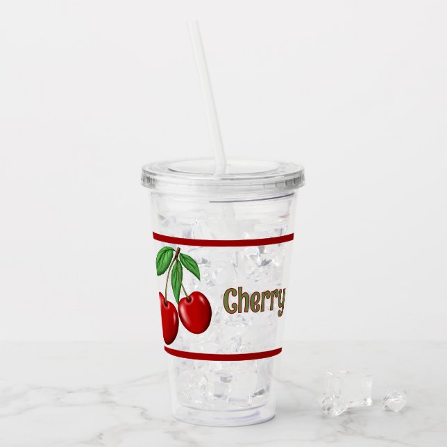 Red Cherries Design Personalised Acrylic Tumbler (Front Ice)