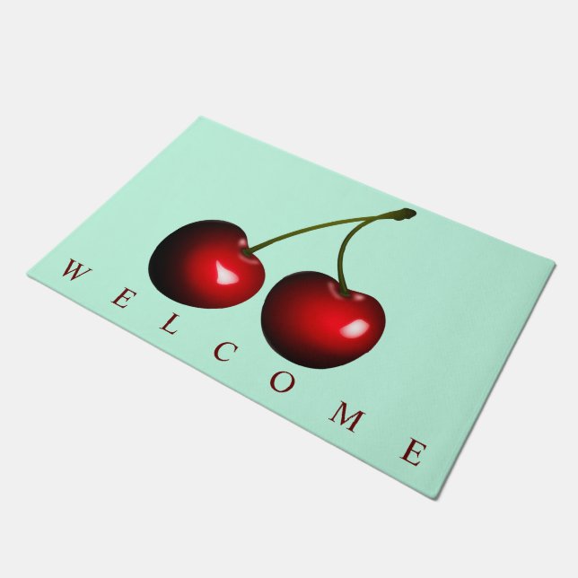Red Cherries Doormat Welcome Text - Customizable (Angled)