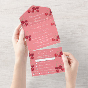 Red Cherries Fruit Elegant Rustic Wedding  All In One Invitation