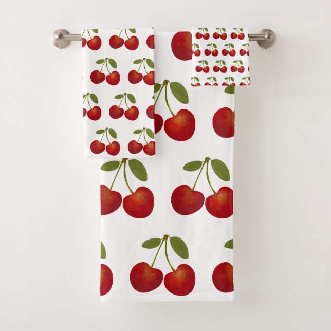 Red Cherries Fruit Personalised Name Bath Towel Set (Insitu)